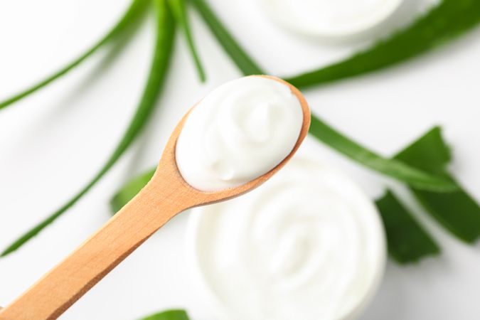 Composition with natural treatment accessories on light background, space for text. Aloe vera