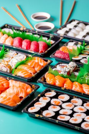 Tasty sushi served in a table