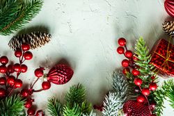 Green wintry branch with pine cones and red decorations on bright background with copy space