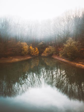 Tranquil water of lake in mist