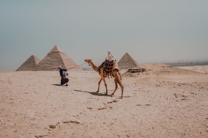 Man leading camel near Great Pyramids