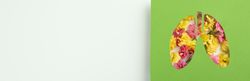 Banner of lung shape cut out of green paper with flowers underneath, allergy concept