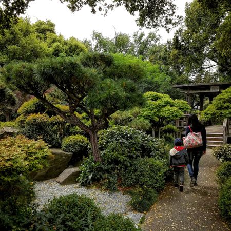 Japanese garden with mother child walking