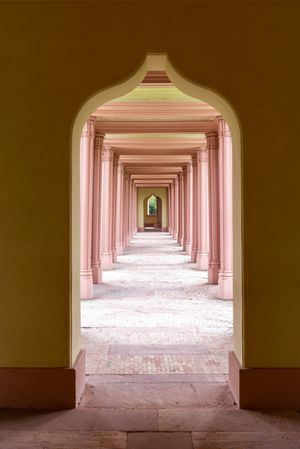 Corridor with architectural columns on a sunny day