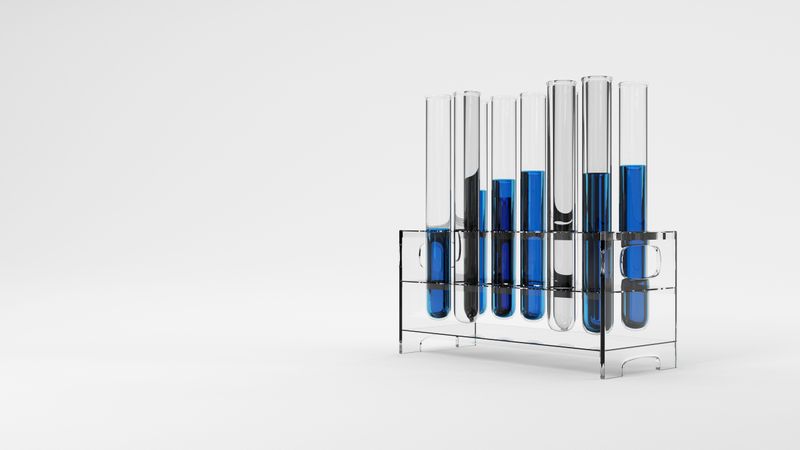 Test tubes with blue liquid in rack, copy space