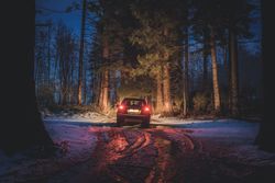 Car riding along dirty road in evening forest