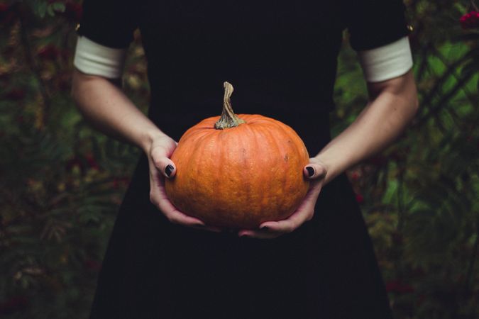 Cropped image of woman in dark dress holding pumpkin