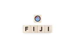 Wooden blocks bearing the name and flag of Fiji.