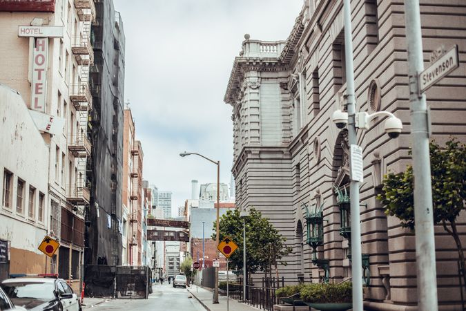 City street with buildings in summer