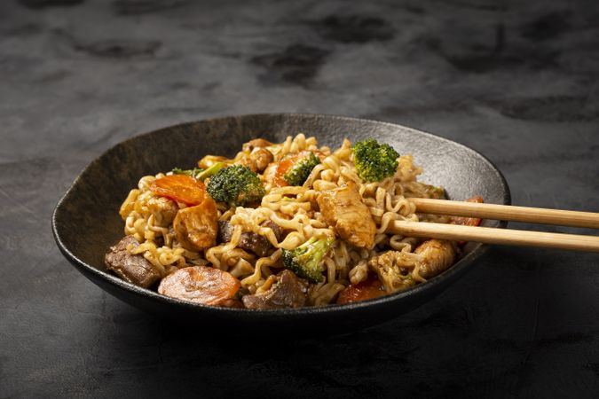 Yakisoba noodles. Yakisoba dish with meat, chicken and vegetables.