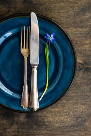 Elegant Spring table setting with blue scilla siberica