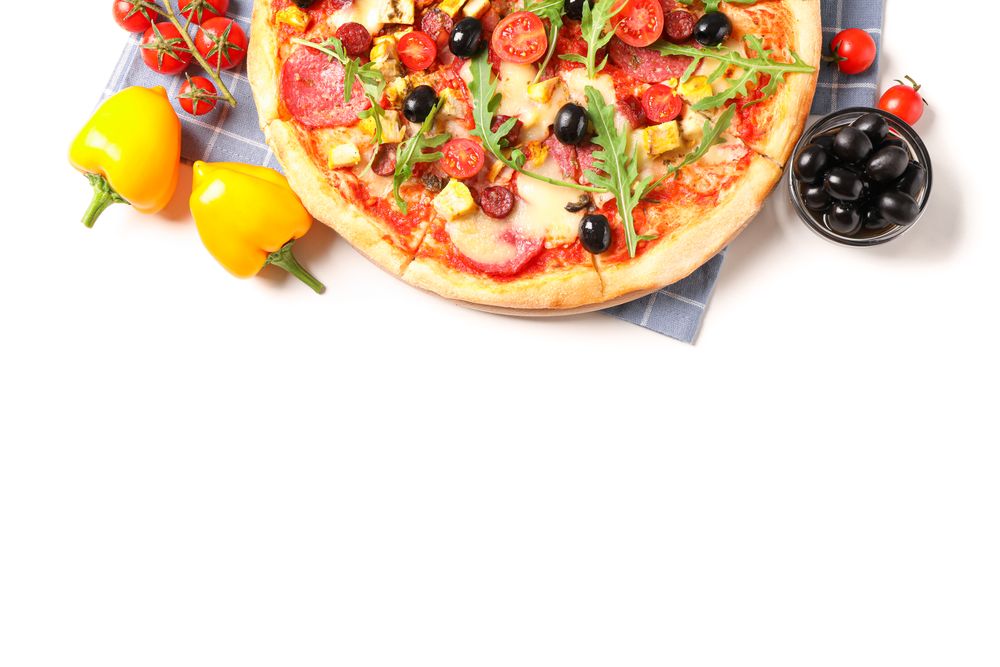 Tasty pizza, ingredients and towel isolated on blank background