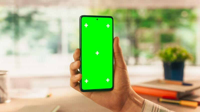 Anonymous Businessman Holding Smartphone with Green Screen Mock Up Display, Making a Video Call in a Creative Office Environment. Virtual Meetings, Modern Technology and Remote Work Concept