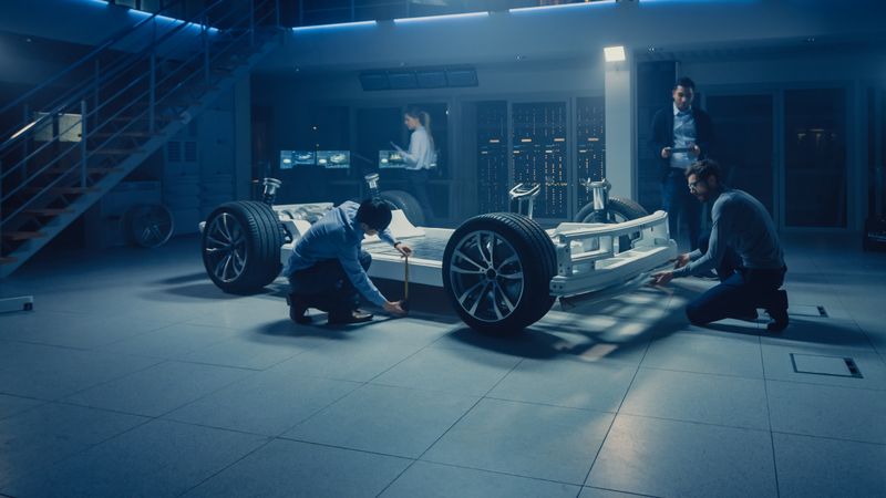 Automobile Engineer Working on Electric Car Chassis Platform, Using Tablet Computer Augmented Reality with 3D CAD Software Modelling.