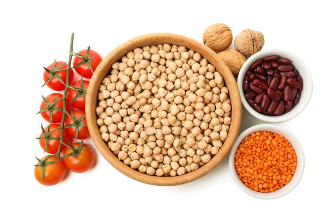 Set of protein vegan products, isolated on plain background, top view