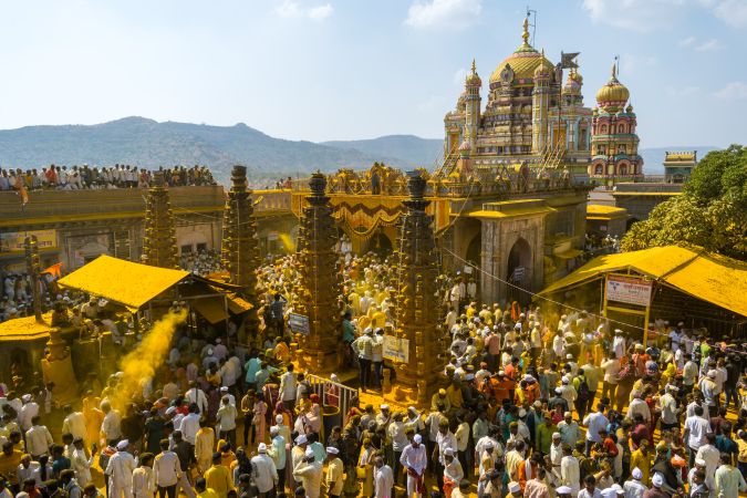 Jejuri, Maharashtra, India - Dec 30, 2024: Palkhi of Lord Khandoba at the famous and beautiful Khandoba temple at Jejuri during the festival of Somvati Amavasya