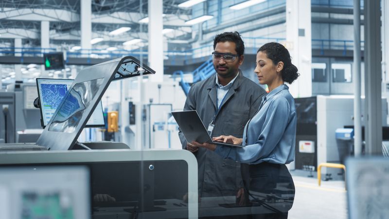Indian Male Industrial Engineer And Hispanic Female Manager Using Laptop And Talking At Electronics Factory.