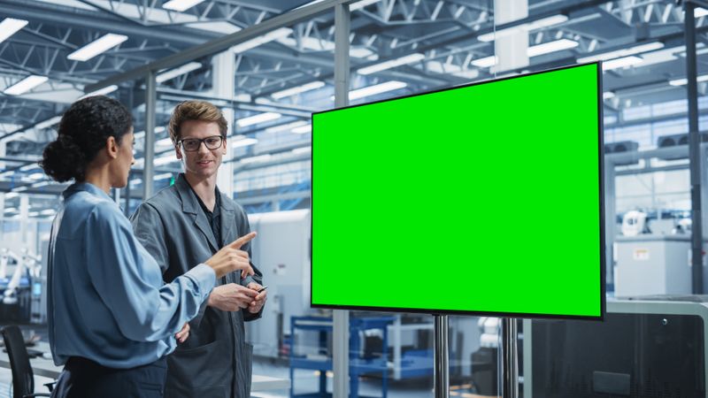 Male and female colleagues working from presentation screen, mockup