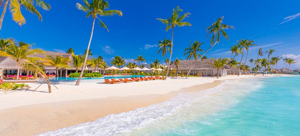 Tropical beach resort with recliners, wide