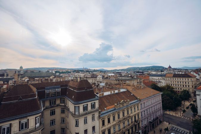 Majestic buildings and houses in bright cloudy day