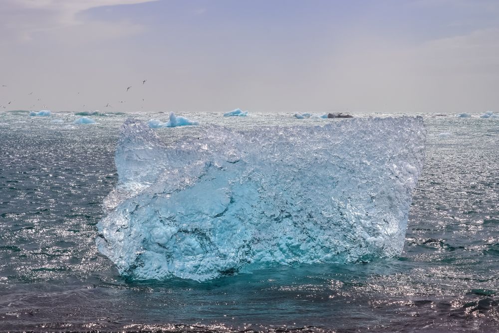 Diamond Beach in Iceland with blue icebergs melting on sand and ice glistening with sunlight.