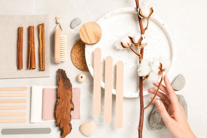 Flat lay of creative moodboard composition, top view