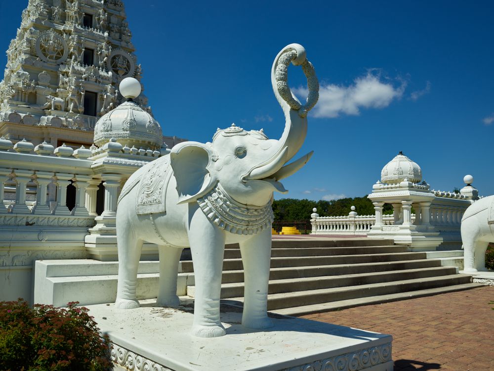 One of several elaborate carvings outside the Hindu Temple and Cultural Center, Madrid, Iowa