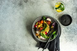 Top view of farfalle pasta dish with copy space