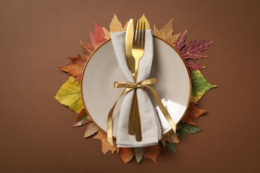 Concept of Thanksgiving day, Autumn table setting, top view