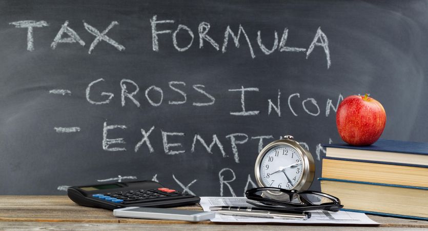 Desktop and chalkboard for learning how to do  taxes in classroom