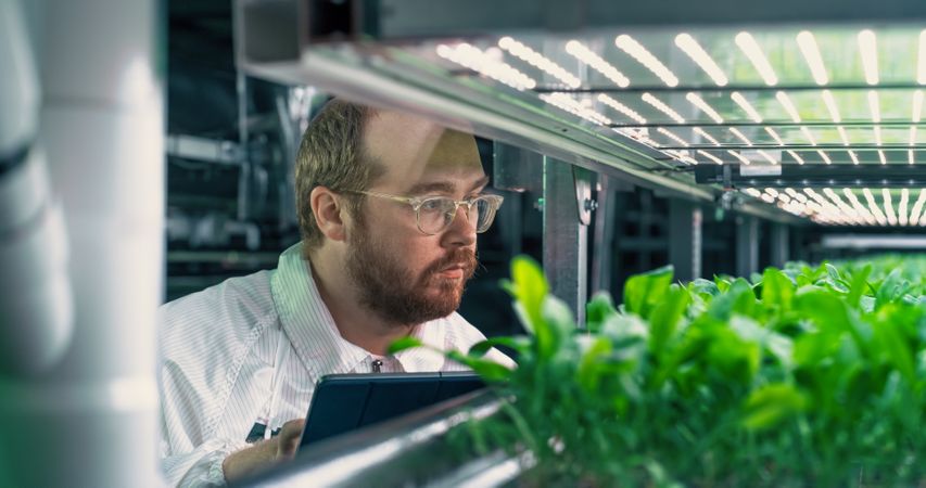 Portrait of Agricultural Grower Working in a Corridor in Vertical Farm Facility Next to a Rack with Freshly Grown Plants.