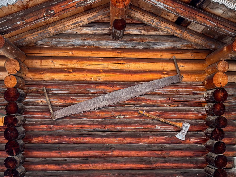 Saw and Axe behind garden shed