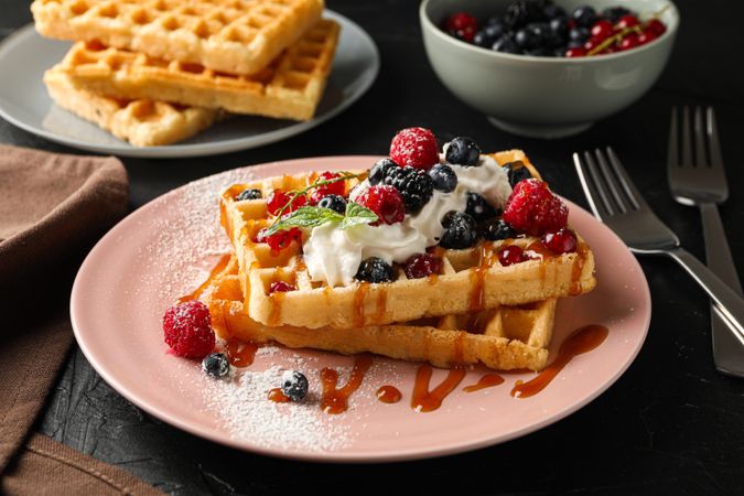 Beautiful composition with sweet waffles, space for text