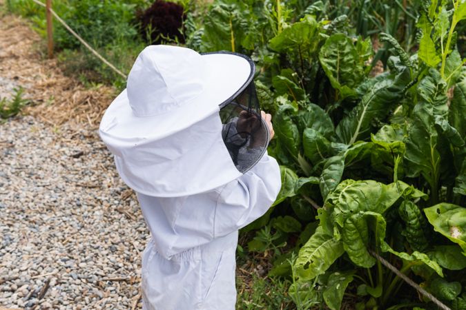 Kid in beekeeper protective clothing in village