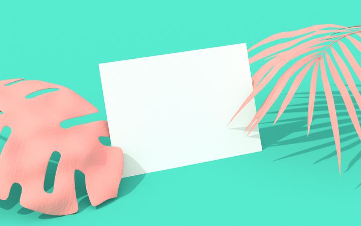 Green background with pink painted palm and monstera leaves with light  paper card