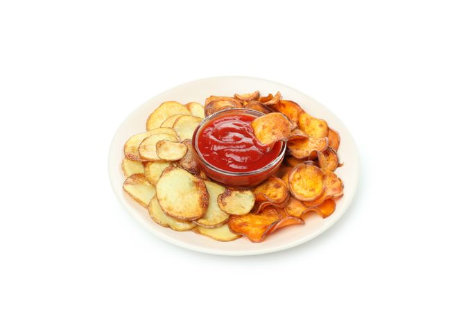 Fried sweet potato, isolated on light background