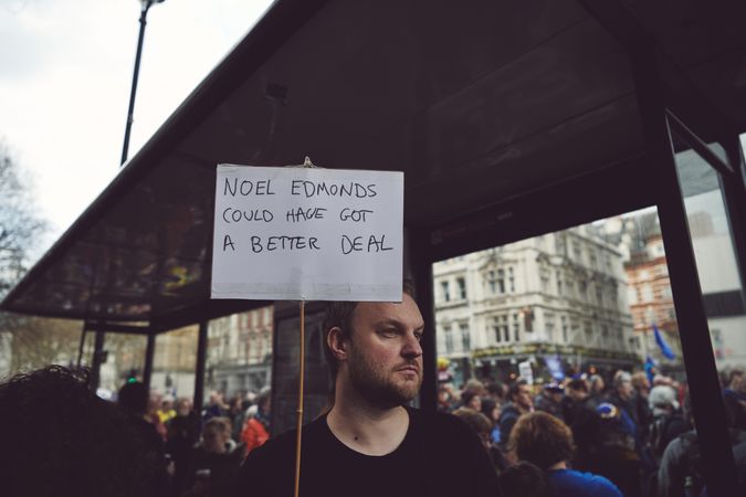 London, England, United Kingdom - March 23rd, 2019: Man holding sign at Brexit protest