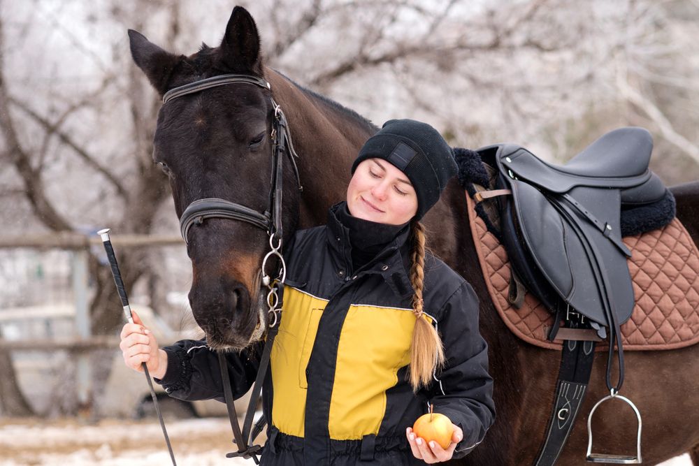 Person caressing horse's head with apple in hand.