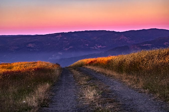 Colorful sunset over tire tracks in coastal hills