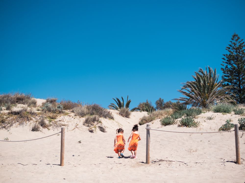 Cute twins girls playing on sandy beach