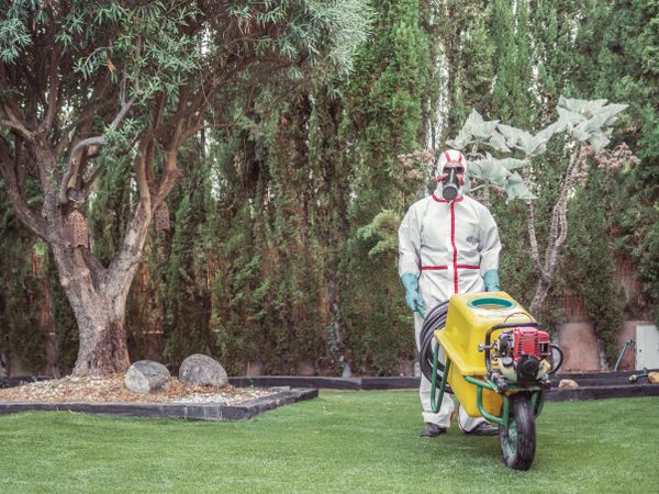 Specialist in uniform for fumigation holding yellow trolley in yard
