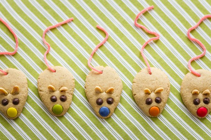 Cookies with mouse shaped and red licorice tail