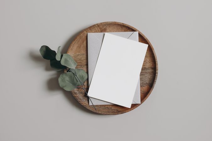 Blank greeting card on wooden plate with dry eucalyptus leaves