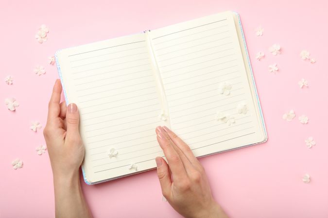 Female hands, notebook and hydrangea flower petals on pink background