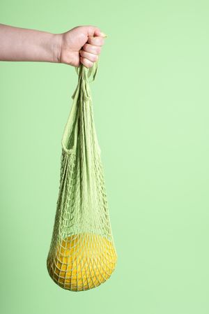 Yellow melon hanging in reusable mesh shopping bag