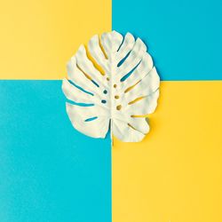 Painted tropical leaf on cyan and yellow background