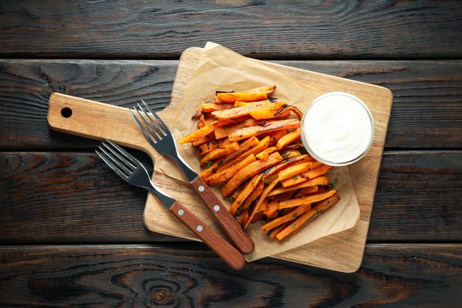 Concept of tasty food, fried sweet potato, top view