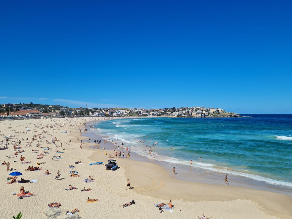 View of busy Australian beach as the waves come in on a clear day