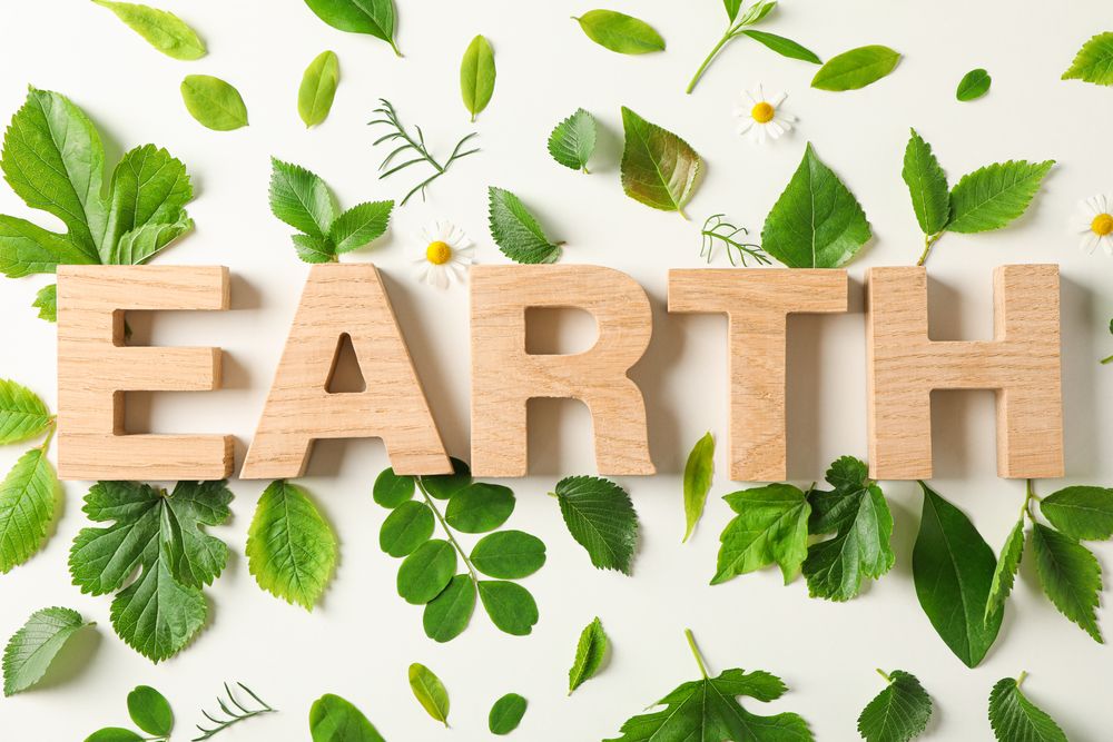 Inscription earth and greenery on light background, closeup. Environmental protection. Agriculture