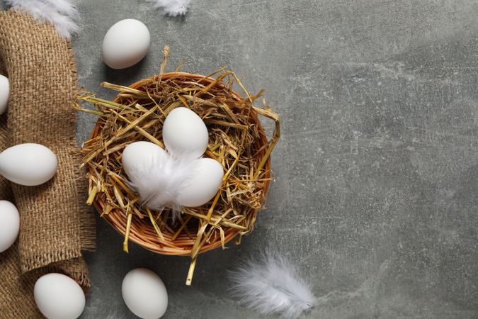 Concept of natural farm product - eggs, top view